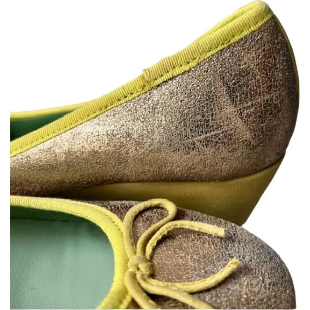 Boden Metallic Wedge Ballerina Shoes Leather Bow - Gold/Lime - 38 (7.5-8)